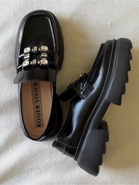 Black Patent platform Loafers with Crystal Buckle